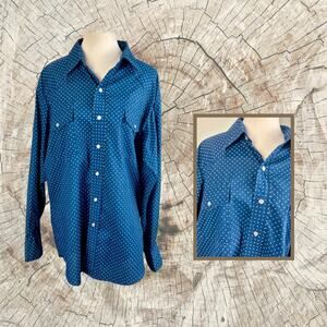 Vintage 60s 70s Malco Modes Blue White Polka Dot Western Shirt Size XL